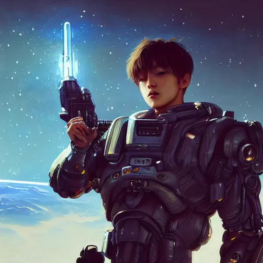 Image similar to award winning, extremely photorealistic, bokeh, beautiful detail, stars in the sky, cybernetic, sci-fi space game art, jeon Jungkook holding a gun. Photoreal, alien planet art by Akihito Yoshitomi AND Yoji Shinkawa AND Greg Rutkowski, Mark Arian trending on artstation