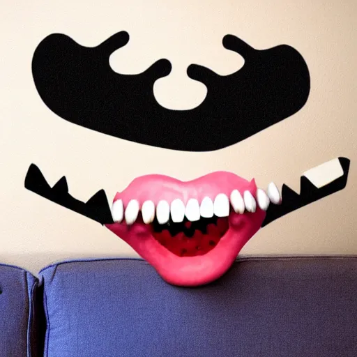 Image similar to a couch with teeth and eyebrows who eats people