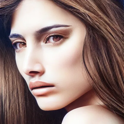 Image similar to Portrait photo of a Spanish Supermodel, long dark hair, olive skin, she has beautiful bone structure, posed in profile, studio lighting, highly detailed, art by artgerm, fine art photography