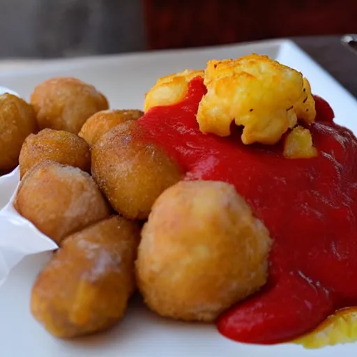 Image similar to channing tatum's face as tater tot on a plate with ketchup