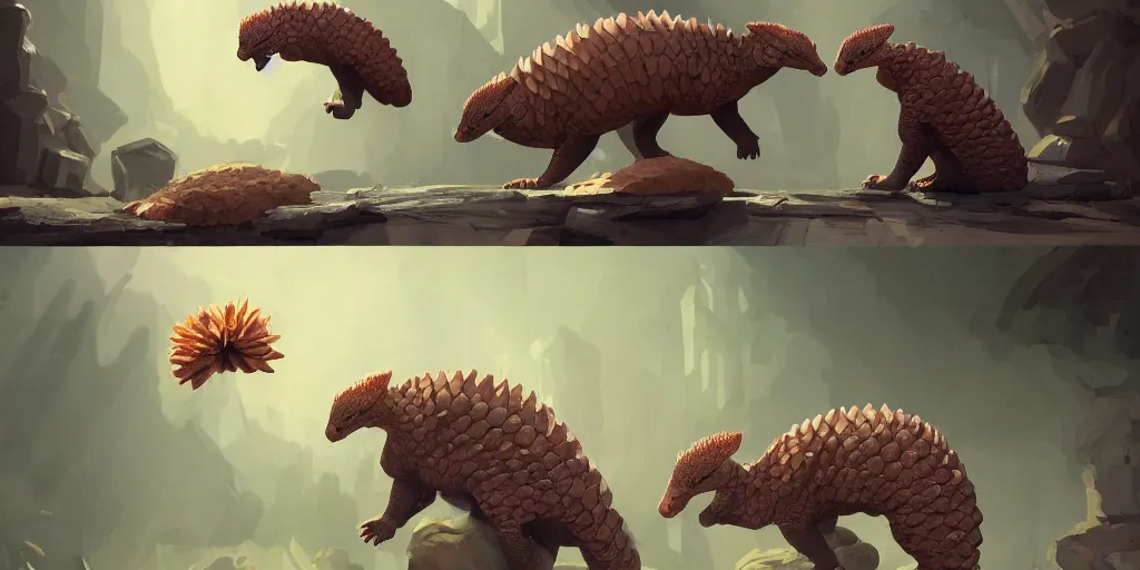 Image similar to pangolin is explaining how it done nothing and the effects of being so famous and visible to an audience, character sheet, colorful, contrast, 3 d scene, greg rutkowski, zabrocki, karlkka, jayison devadas, trending on artstation, 8 k, ultra wide angle, zenith view, pincushion lens effect