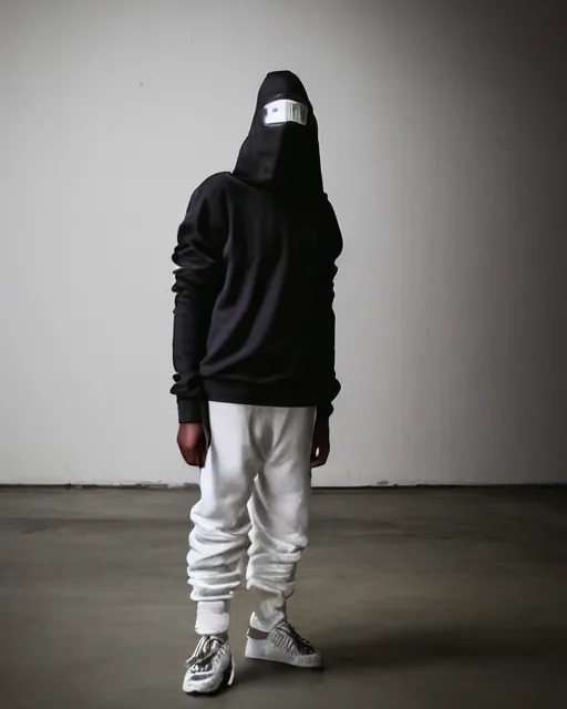 Image similar to Yeezy designed covid mask, model, studio photography, clothing drop, unreleased, Yzy, YZY GAP, Balenciaga, minimalist, dystopian feel