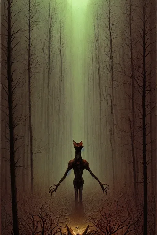 Image similar to painting of eldritch giant fox striking a terrifying pose, scene inside forest, by zdzislaw beksinski, by dariusz zawadzki, by wayne barlowe, gothic, surrealism, cosmic horror, biomorphic, lovecraftian, cold hue's, warm tone gradient background, concept art, beautiful composition