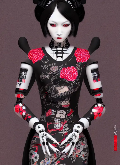 Prompt: full body portrait of a gothic style japanese robot geisha with kanji tattoos and decals wearing a digital pixelated kimono, intricate design, photo - realistic, octane render, dark colour palette, ultra fine detailed, character design, trending on artstation