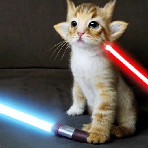 Prompt: Jedi Padawan kitten learning how to use a lightsaber