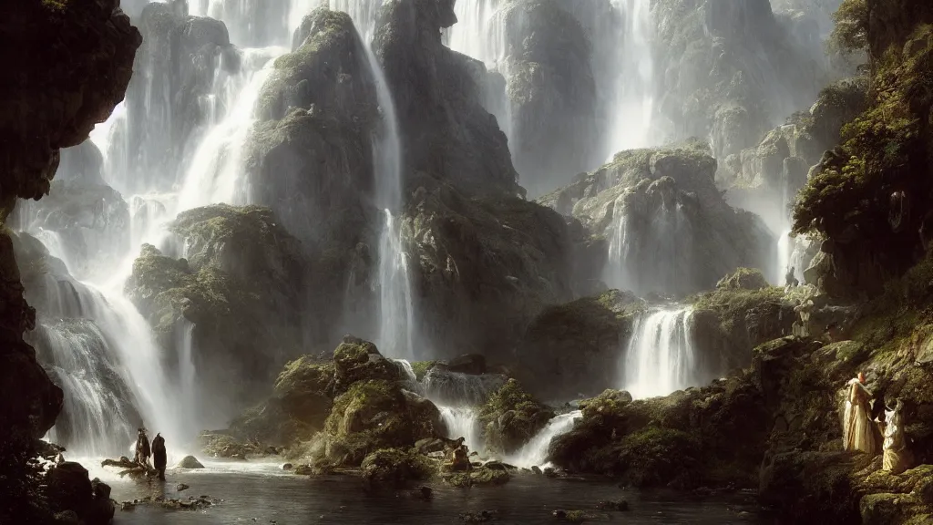 Image similar to elven architecture above the great alpine waterfall. andreas achenbach, artgerm, mikko lagerstedt, zack snyder, tokujin yoshioka