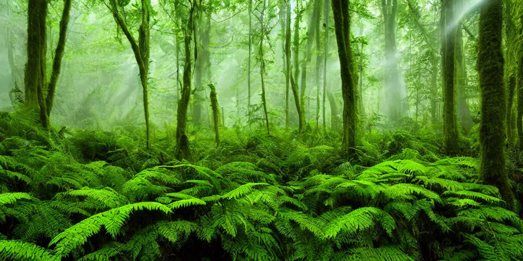 Image similar to deep lush forest floor with green ferns and moss, droplets of crystal clear water on the leaves, rays of sunlight coming through the clouds after rain, light fog