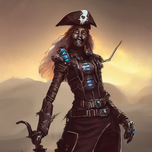 Image similar to pirate robot, sci fi concept art, female, d & d, concept art, illustration, highly detailed,