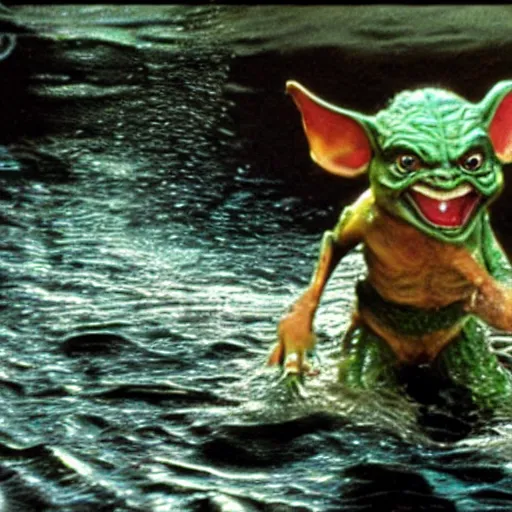 Image similar to a film still of gremlin coming out of water in star wars realistic, detailed