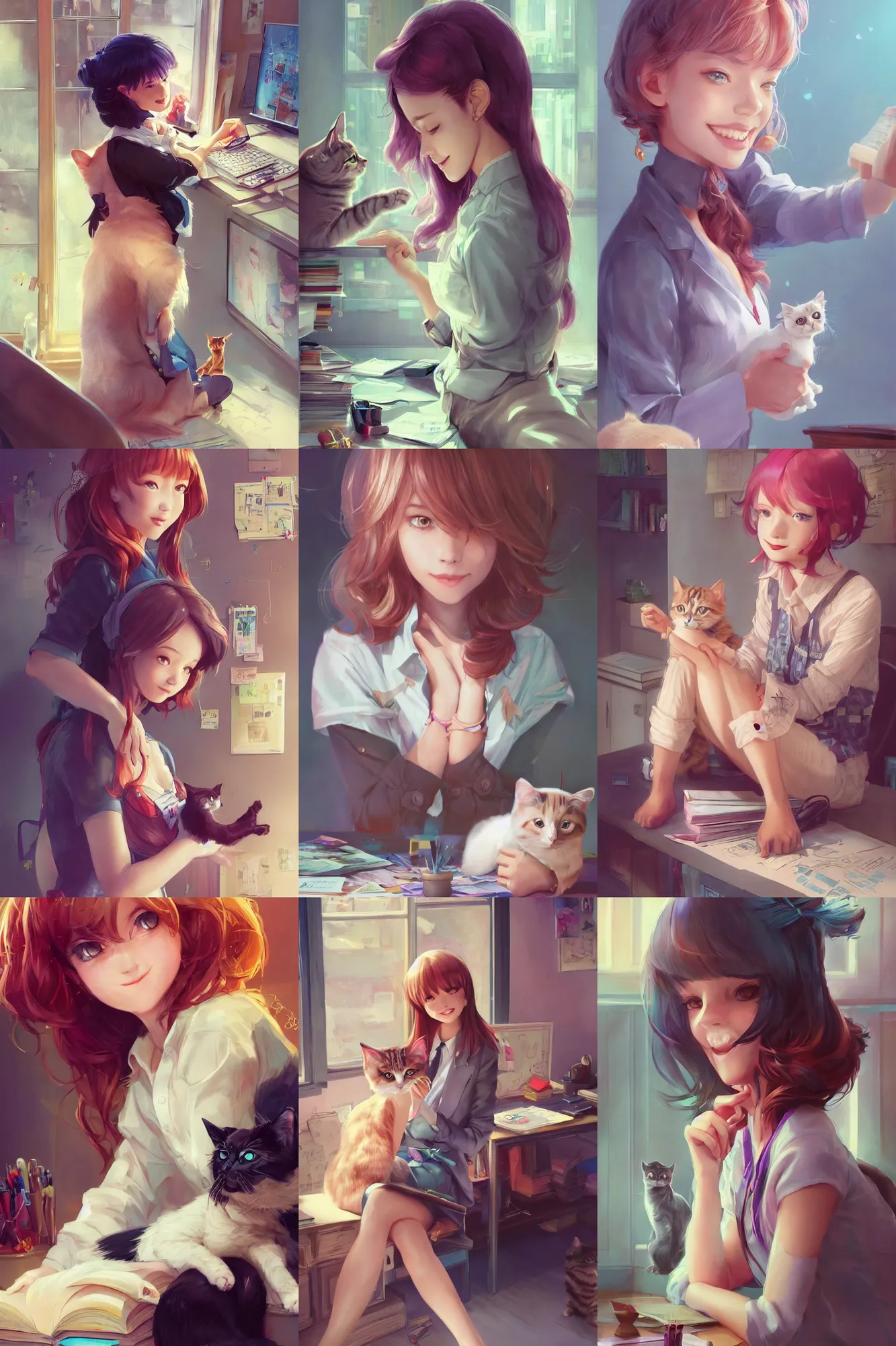 Prompt: a beautiful detective girl sitting in her office petting a cat | | cute - fine - subtle smile, colorful hair, face, pretty face, fine details by stanley artgerm lau, wlop, rossdraws, james jean, andrei riabovitchev, marc simonetti, and sakimichan, trending on artstation