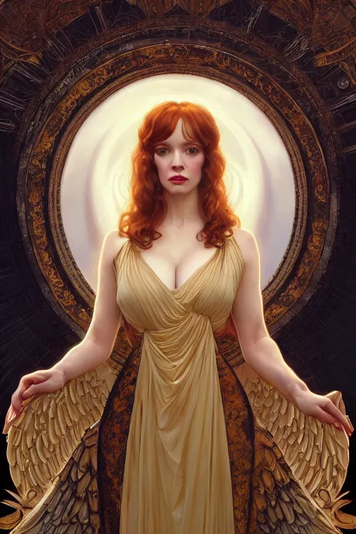 Prompt: symmetrical!! looking at the camera!!! a portrait of an angel young christina hendricks wearing a golden flowing dress, upper body, concept art, deep focus, sky, heaven, clouds, intricate, highly detailed, digital painting, artstation, matte, sharp focus, illustration, art by greg rutkowski and alphonse mucha