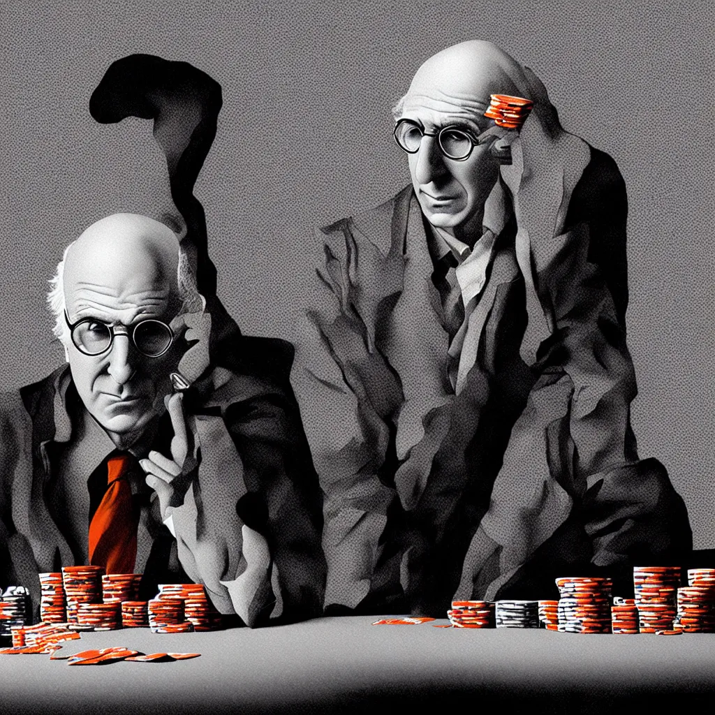 Image similar to larry david playing poker, Mads Berg, Karolis Strautniekas, James Yang, Brutalism, Constructivist, film noir, stippled light, dramatic lighting,editorial illustration, detailed, matte print, dark orange black white red, a lone man