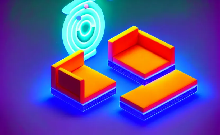 Image similar to isometric object is a low poly isometric sofa with alien aesthetic inspired by pandora in the avatar movie, it has bioluminescent plants growing on top of it, beautiful neon orange - yellow with blue hints and it's bedecked with some sparkling crystals all over the place. black background, night isometric artstation neon. behance, pinterest