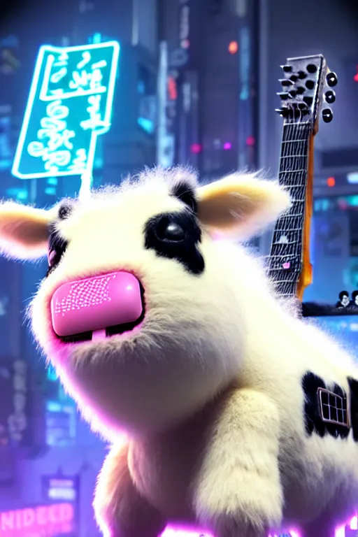 Image similar to high quality 3 d render very cute fluffy! cyborg cow plays guitar, cyberpunk highly detailed, unreal engine cinematic smooth, in the style of blade runner & detective pikachu, hannah yata charlie immer, moody light, low angle, uhd 8 k, sharp focus