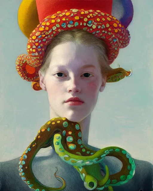 Image similar to a beautiful girl wearing a colourful octopus as a hat, painted by edgar maxence, edward hopper, wayne barlowe and james gilleard, airbrush, art by jamesjean