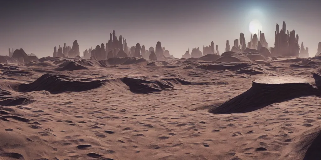 Image similar to a Dune ancient futuristic city, landscape, Dune movie, brutalism architecture, photo-realistic, photography, detailed, unreal engine, epic composition, shiny sand