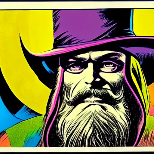 Prompt: a psychedelic wizard with a long beard and a fedora wizard hat, highly detailed comic book art by jack kirby, alex ross, 8 k