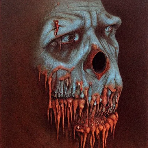 Image similar to zombie by Zdzisław Beksiński, oil on canvas