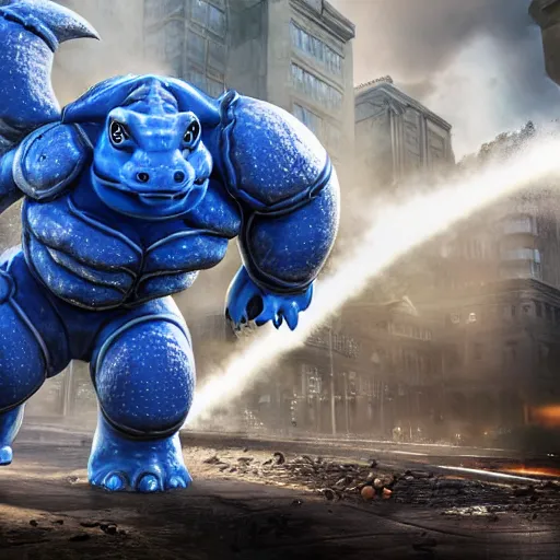 Prompt: Blastoise as Blastoise with watercannon shoulders in gears of war, splash art, movie still, detailed face, photorealistic facial features, cinematic lighting, dramatic, octane render, long lens, shallow depth of field, bokeh, anamorphic lens flare, 8k, hyper detailed, 35mm film grain