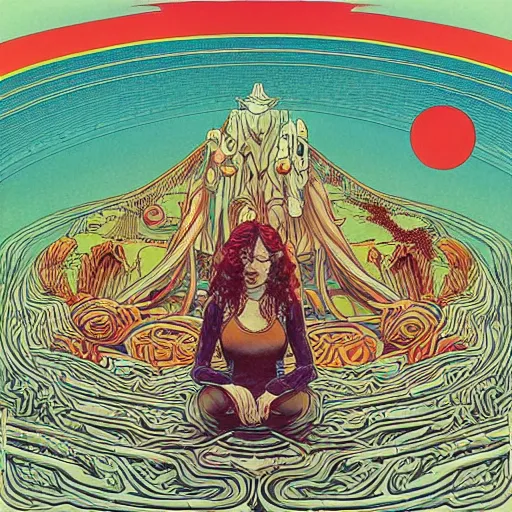 Prompt: lp cover of a 7 0's progressive rock album by james jean and moebius