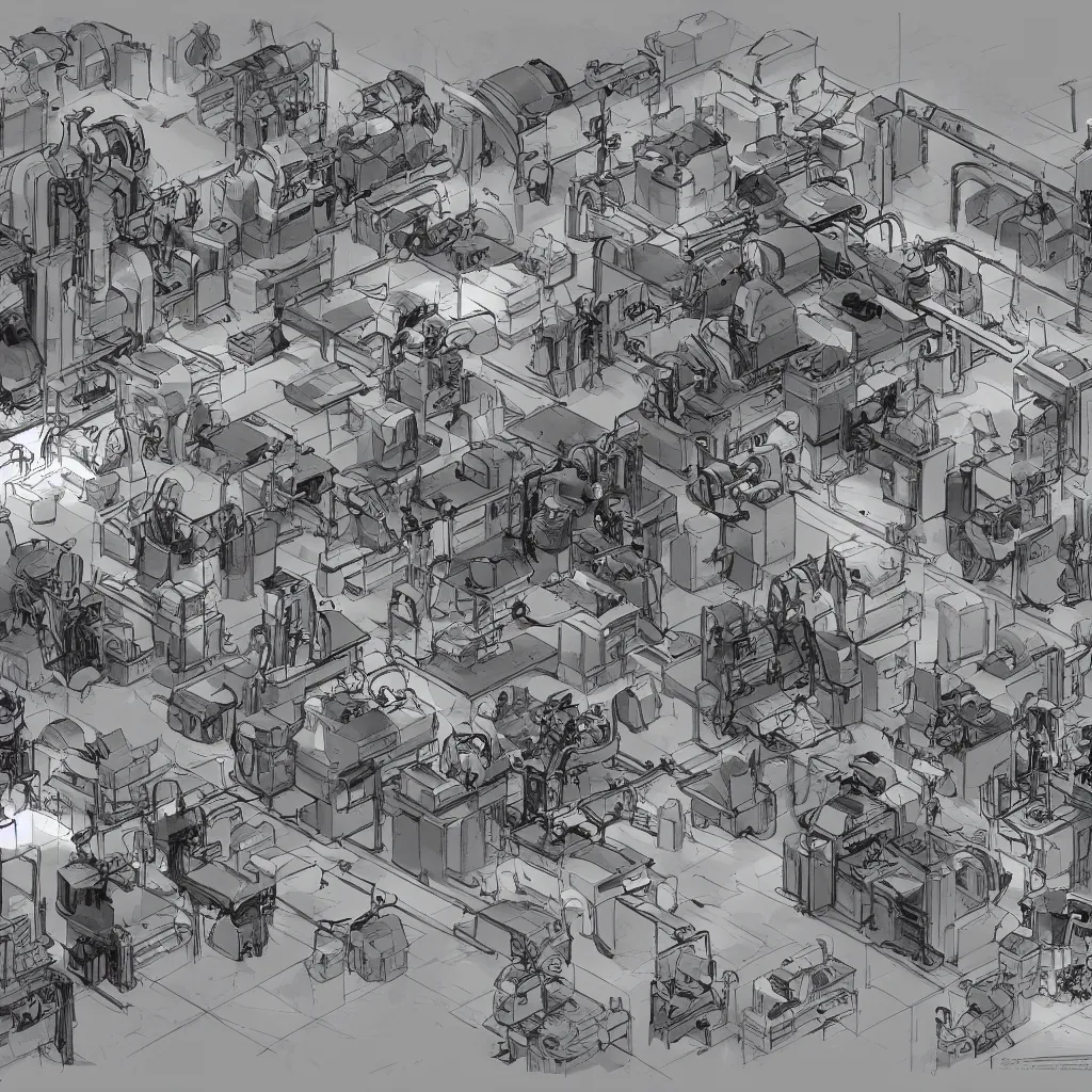 Prompt: storyboard sketches of robot factory production line, cinematic, epic, 4 k, concept art by feng zhu