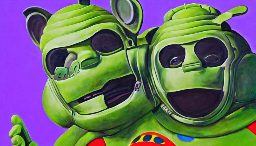 Image similar to beautiful lifelike painting of mf doom performing with the teletubbies, hyperreal detailed facial features and uv lighting, art by ed roth and basil wolverton