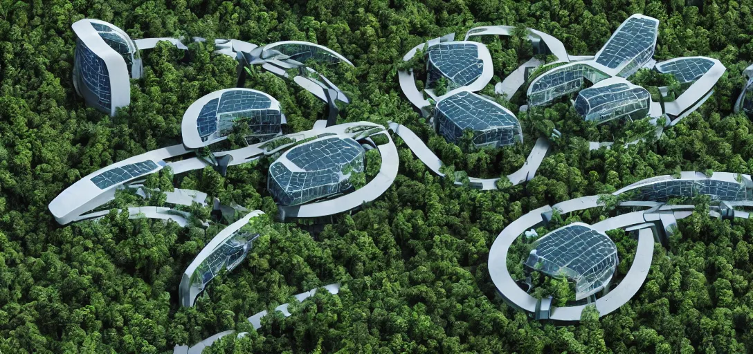 Image similar to photography of a futuristic landscape of a solarpunk city in the middle of the jungle designed by alvar aalto and taras shevchenko and le corbusier