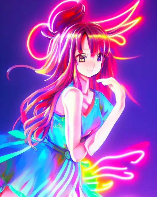 Image similar to anime style, vivid, expressive, full body, 4 k, painting, a cute magical girl idol with a long wavy hair wearing a colorful dress, correct proportions, stunning, realistic light and shadow effects, neon lights, studio ghibly makoto shinkai yuji yamaguchi