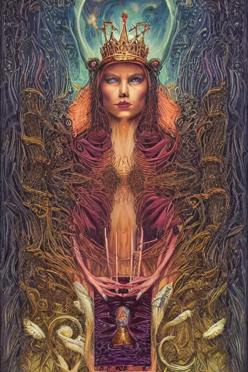 Image similar to tarot card of the queen of dreams by carol bak, jacek yerka, dan mumford, alex gray, victo ngai and h.r. giger, oil on canvas, 8k highly professionally detailed, HDR, trending on artstation