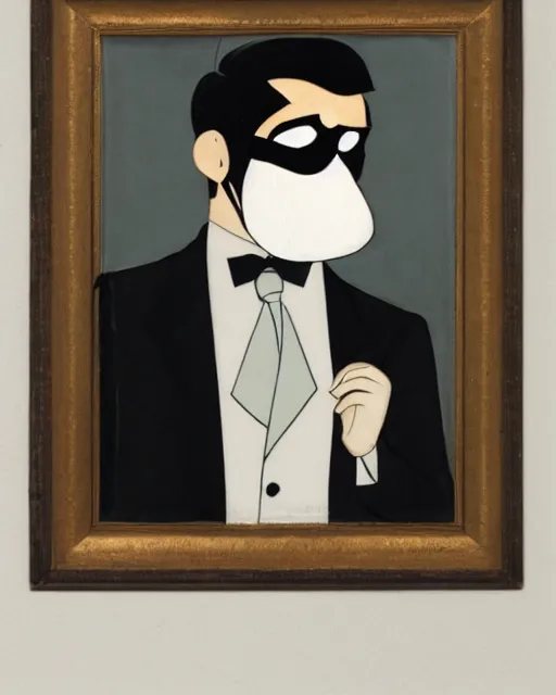 Prompt: portrait of young man wearing black medical mask, suit and tie, style of tex avery