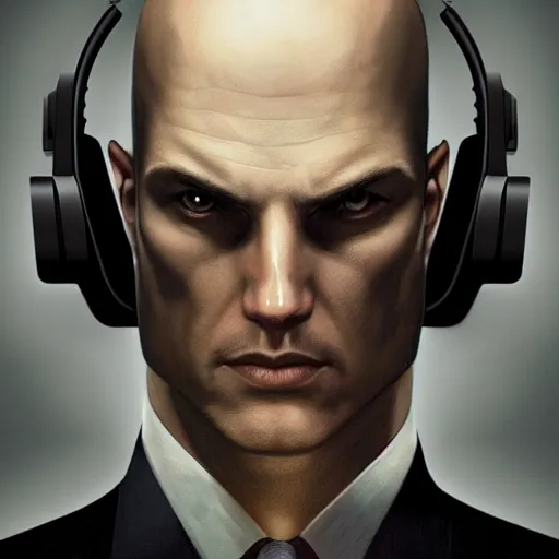 Image similar to a symmetrical portrait of agent 4 7 from hitman wearing headphones, dark background, red rim light, highly detailed, digital art, artstation, concept art, smooth, sharp focus, greg rutkowski, wlop