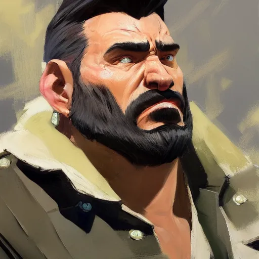 Image similar to greg manchess close - up portrait painting of a handsome older male dieselpunk orc with olive green skin as an overwatch character, medium shot, asymmetrical, profile picture, organic painting, sunny day, matte painting, bold shapes, hard edges, street art, trending on artstation, by huang guangjian and gil elvgren and sachin teng