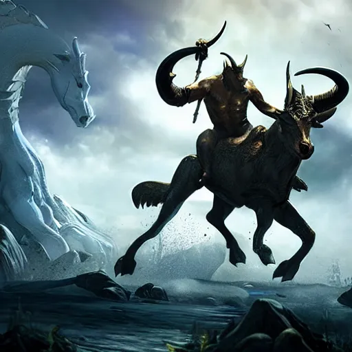 Prompt: man riding the elusive mythical capricorn creature while being attacked by monsters, fantasy art, concept art, character design, unreal engine 5, ultra detailed, cinematic, dramatic lighting