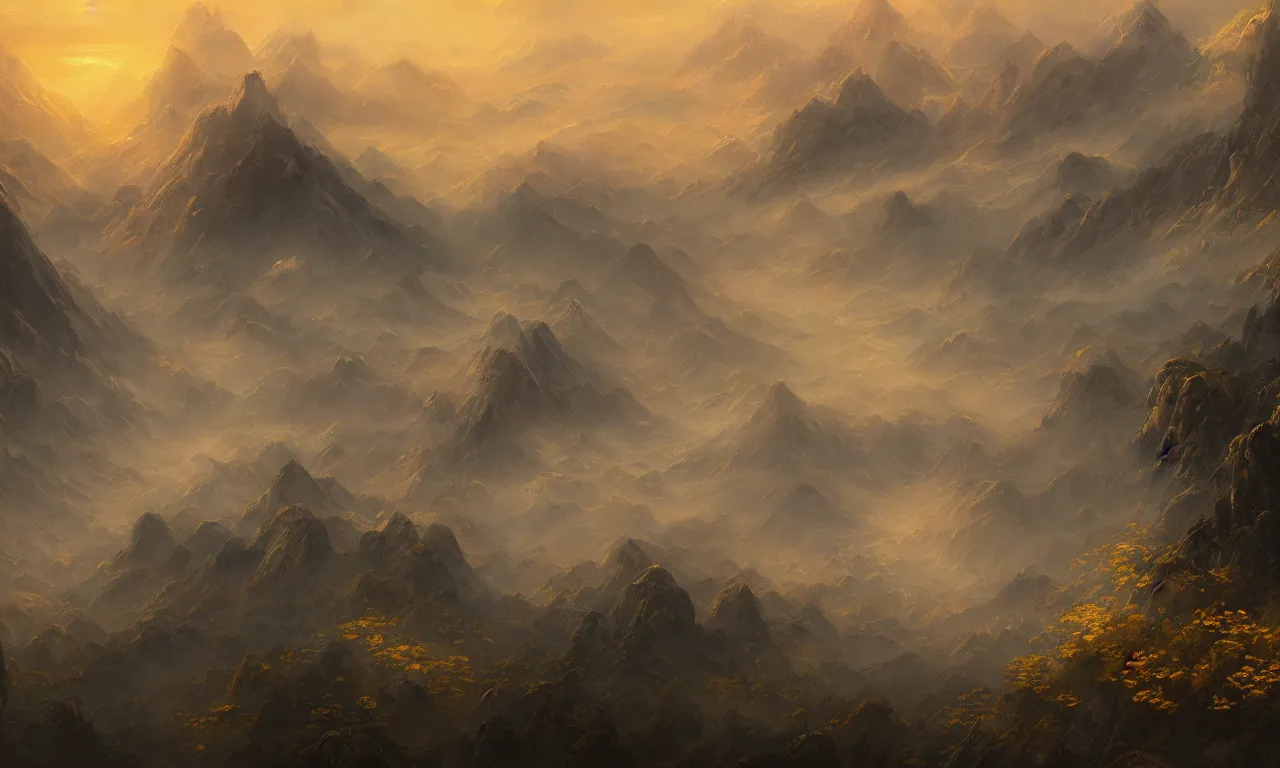 Image similar to breathtaking detailed soft painting of an aerial landscape in luxurious nature, mountains rockas at dawn with ribbons and golden petals flying, with intricate art nouveau moody dark tumultuous clouds, by dao trong le, artstation, concept art, matte, 8 k,