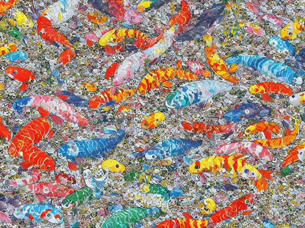 Image similar to breathtaking detailed concept art painting kaleidoscope of koi carp collage illustration pattern, 1 5 0 mm, tiny, small, miniature, short, cute and adorable, digital painting, highly detailed, intricate, elegant, artstation, concept art, colorful, beautiful, studio ghibli, aoshima chiho, takashi murakami, manga, cute and adorable