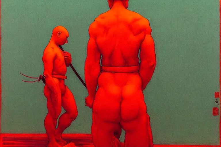 Image similar to only with red, a red samurai do seppuku, tokio, a lot of frogs watch, in the style of beksinski, parts by edward hopper, parts by rodcenko, parts by yue minjun, intricate and epic composition, red by caravaggio, insanely quality, highly detailed, masterpiece, red light, artstation, 4 k