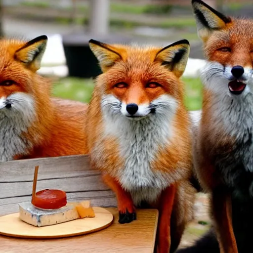 Prompt: foxes judging a cheese competition, furry, cute