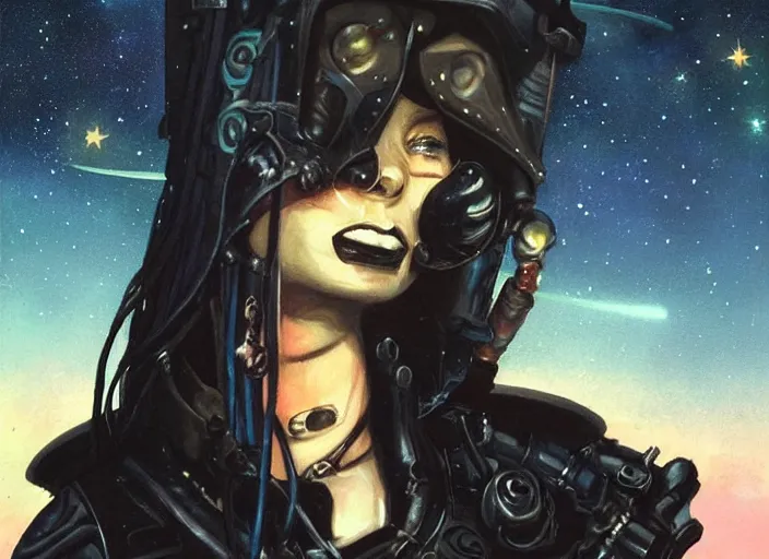 Image similar to portrait of female space pirate, night sky background, beautiful! coherent! by brom, deep color, strong line, high contrast