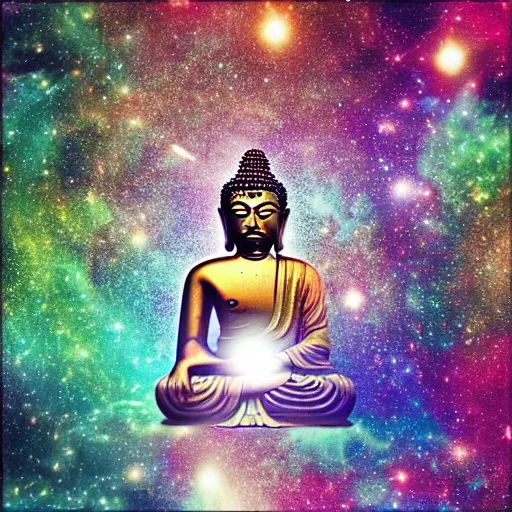 Prompt: the buddha smiling at peace against a background of galaxies photrealistic - n 4