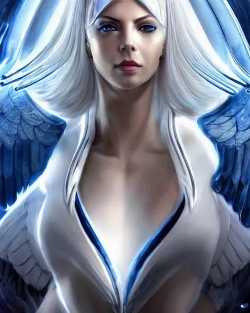 Image similar to perfect white haired attractive egyptian goddess with huge white dove wings, warframe armor, beautiful, symmetric, charlize theron, half asian, pretty face, blue eyes, detailed, scifi platform, laboratory, experiment, 4 k, ultra realistic, epic lighting, android body, illuminated, cinematic, masterpiece, art by akihito tsukushi, voidstar