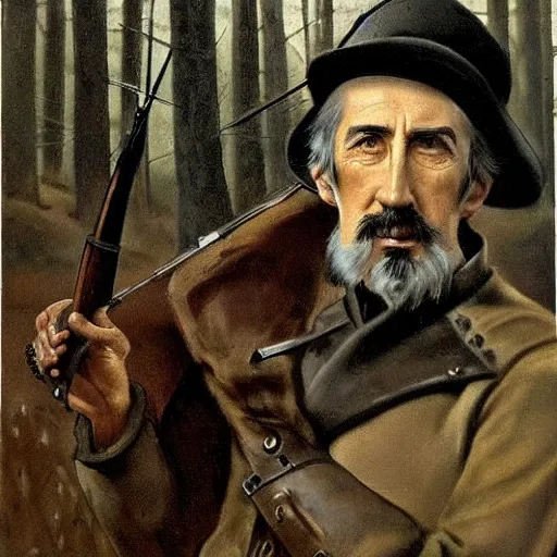 Prompt: a middle aged, martial, stark 19th century eastern european hunter with a large gray goatee and a hat looks similar to Jonathan Hyde and young Christopher Lee and young Christopher Lee. The background is a eastern european forrest. cinematic lighting, highly detailed, realistic, antique painting by Hollósy Simon and Ferenczy Károly