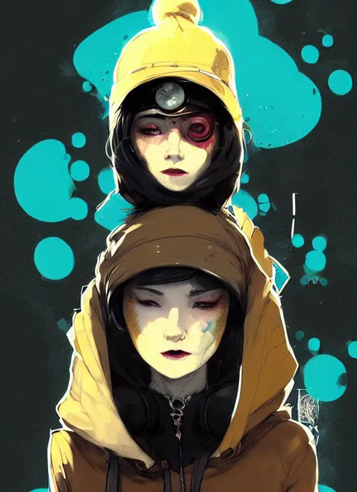 Prompt: highly detailed portrait of a sewerpunk student lady, blue eyes, hoody, beanie hat, white hair by atey ghailan, dustin nguyen, by greg rutkowski, by joe fenton, by greg tocchini, by kaethe butcher, gradient yellow, black, brown and cyan color scheme, grunge aesthetic!!! ( ( graffiti tag wall background ) )