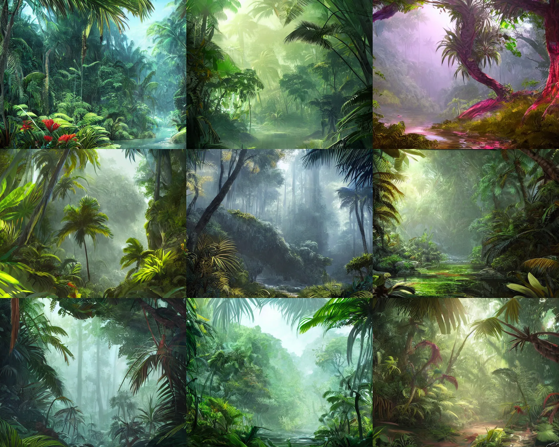 Prompt: beautiful tropical forest in etalocin, award winning concept art, trending on artstation