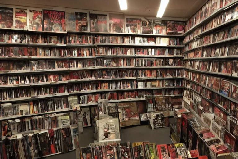 Prompt: Interior design, horror movie inspired vhs rental store, with a lot of posters and movies on the shelves, people trying to choose a good movie, hyper realistic, highly detailed, concept art, low key lighting, high dynamic range, depth of field