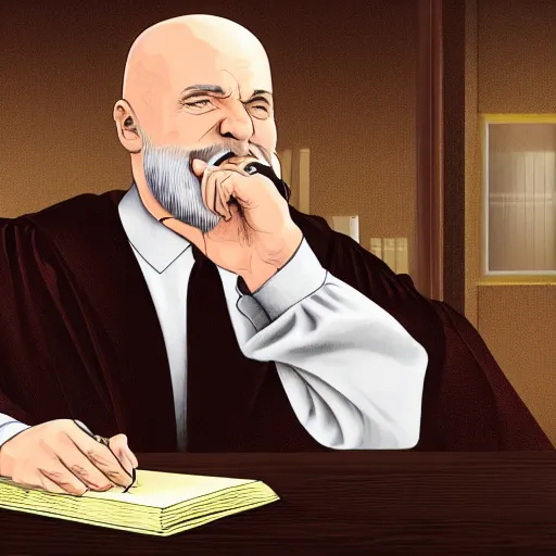 Prompt: a bald judge with bid white beard slams his gavel on the desk, illustration, realistic, 8 k, atmospheric