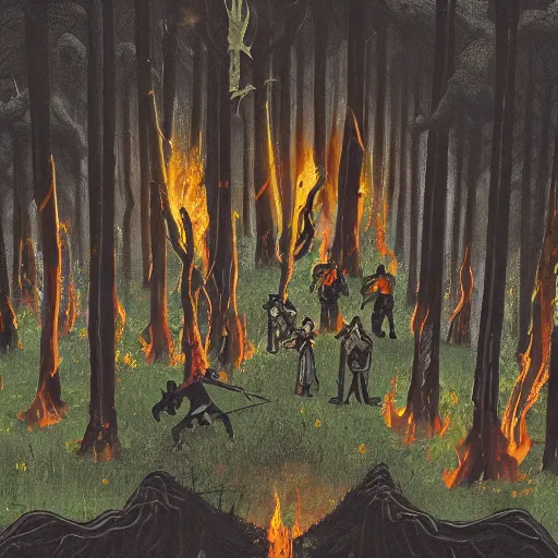 Image similar to a battle between the forces of hell and the forces of heaven in a magical forest. The forest is burned with charred trees. Lots of holy and damned magic is used