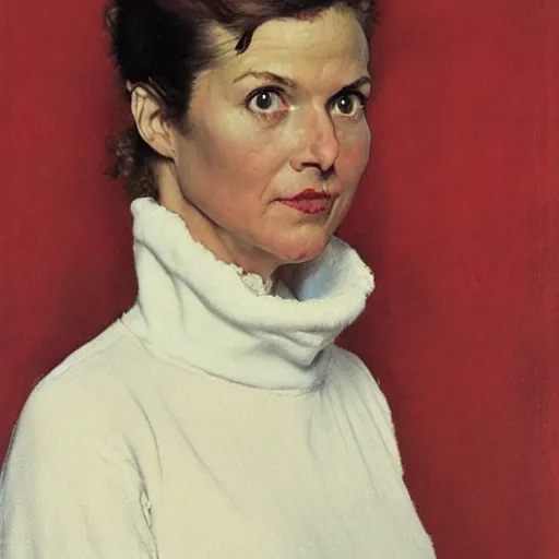 Prompt: Frontal portrait of a woman wearing a white mask and a red turtleneck. Painting by Norman Rockwell.