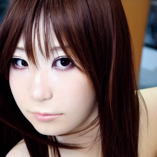 Prompt: close-up photo of Japanese AV idol face, glamour