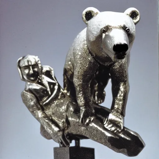 Prompt: pierre trudeau riding a polar bear, metal sculpture