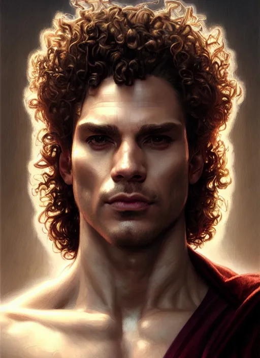 Image similar to Portrait of a man, curly hair, Sith, evil! muscular, robes! night!! intricate, elegant, highly detailed, digital painting, artstation, concept art, smooth, sharp focus, illustration, art by artgerm and greg rutkowski and alphonse mucha